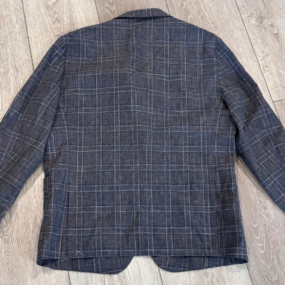 Nordstrom Blazer Mens 44S Blue Plaid Wool Linen Cotton Trim Fit Sport Coat